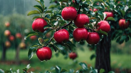 Obraz premium Autumn day. Rural garden. The frame features ripe red apples on a tree. Rain is falling.