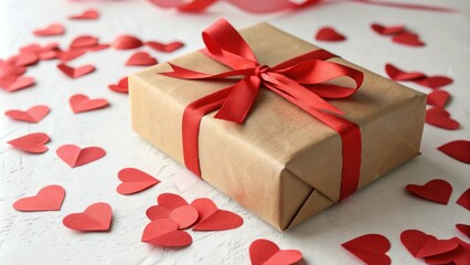 Obraz premium Gift wrapped in brown paper with a red ribbon bow surrounded by scattered paper hearts