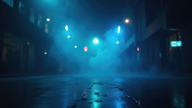 A dark street at night with a dark blue background, featuring an empty dark scene, neon lights, spotlights reflecting on the asphalt, and smoke rising in a studio room.
