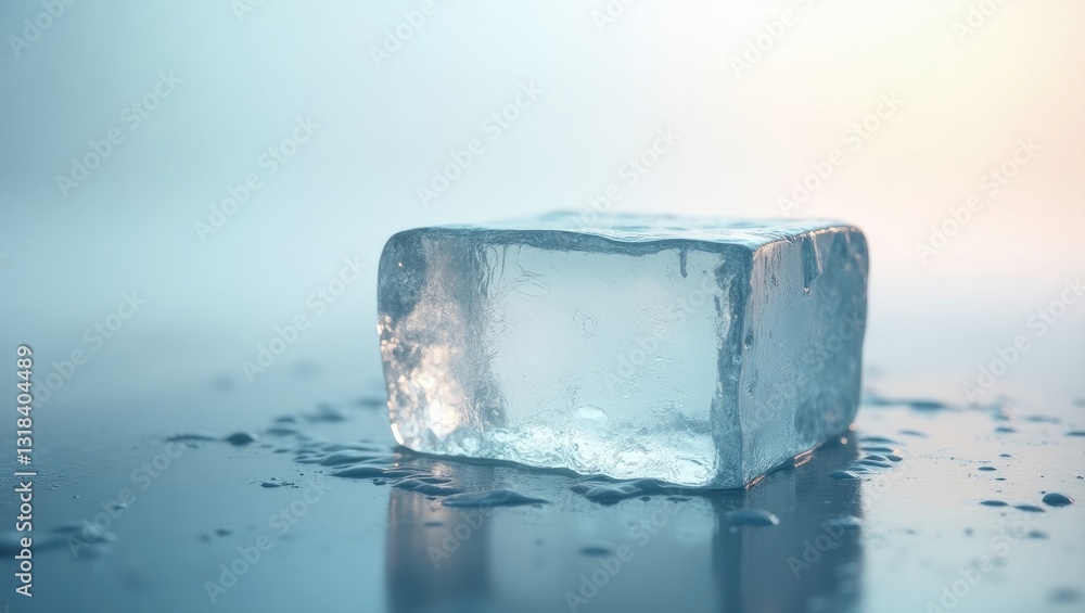 Poster a transparent ice block with texture on a light gray background.