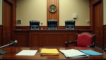 Naklejka premium A court setting featuring an empty judge's chair.