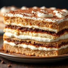 Delicious layered tiramisu cake with creamy frosting, cocoa powder, and coffee flavor.