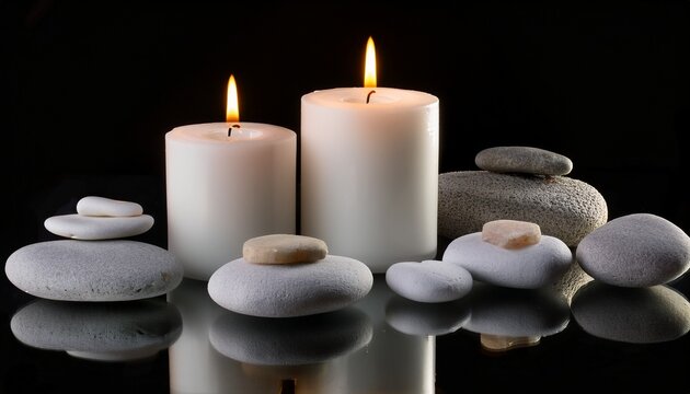 A minimalist setup of simple white candles surrounded by glass pebbles on a mirrored surface, creating a serene modern design. 