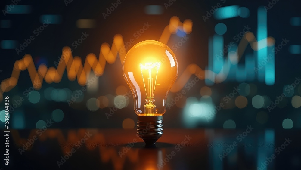 Poster an illuminated lightbulb against a dark background featuring data and information analysis. the bulb