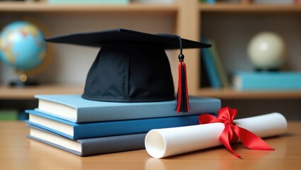 A mortarboard resting on books along with a graduation scroll placed on the desk.