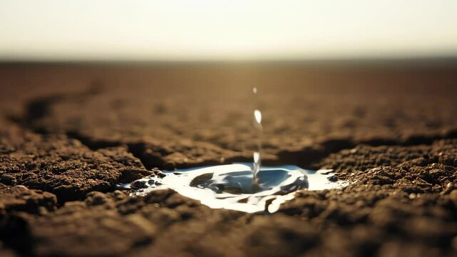 A drop of water falling into cracked earth, highlighting drought and water scarcity issues.