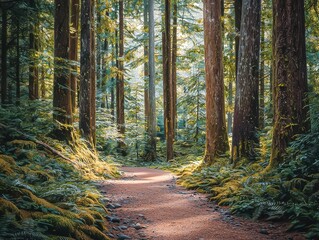 Fototapeta premium Nature's Summer Sanctuary: Forest Trail Path Through Woodland with Majestic Tree Under Green Canopy