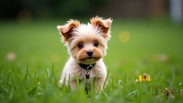 Inquisitive female cream and brown morkie sitting on the lawn with head tilted, awaiting instructions.