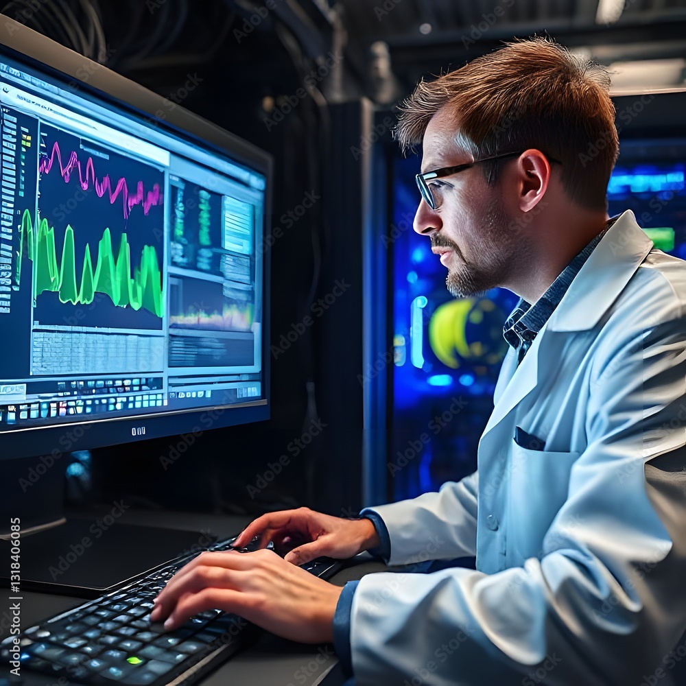Poster it professional analyzing data on computer monitor in server room.