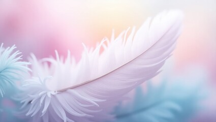 Abstract feather rainbow patchwork backdrop. Closeup of a white fluffy feather amidst colorful pastel neon mist.