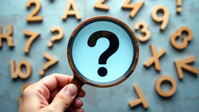 A closeup of a hand using a magnifying glass on wooden numbers, seeking answers related to numbers, examination, and quiz.