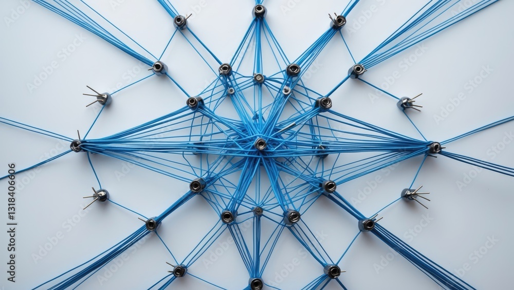 Poster a vast array of pins linked with string. communication, technology, network concept.