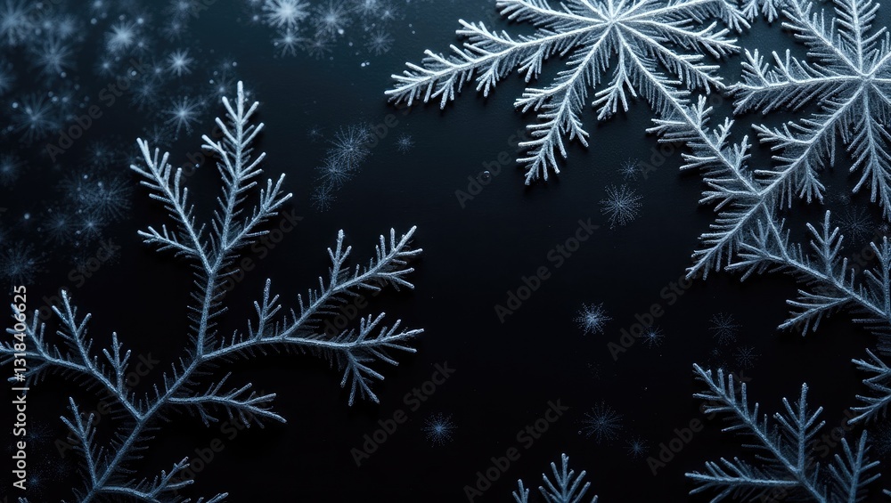 Poster frostwork pattern featuring ice crystals against a black background. the dark surface with its abstr