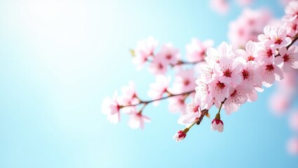 Horizontal banner featuring pink sakura flowers against a blue sky backdrop. Stunning nature spring background showcasing a branch of blooming sakura. Sakura blossoming season.