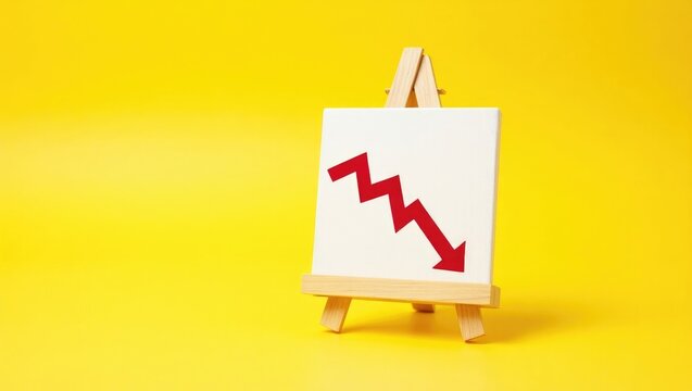 A canvas displaying a decreasing graph symbol on an easel set against a yellow background with space for text.