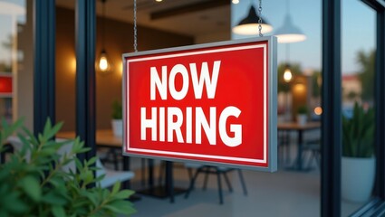 Closeup of a sign indicating now hiring outside an office building