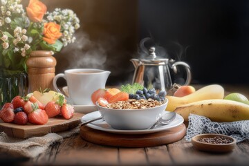 Fototapeta premium A morning routine featuring a warm bowl of muesli, filled with fiber-rich ingredients, providing sustained energy for the day .