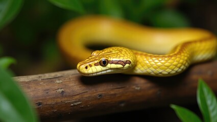 Fototapeta premium Craspedocephalus yellow flat-nosed snake in a close-up view resting on wood