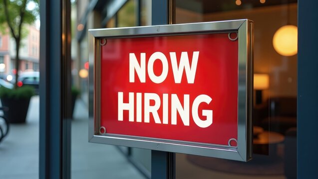 Closeup of sign indicating now hiring posted at office building entrance