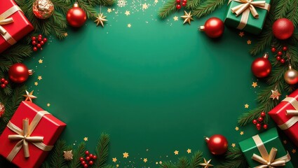 Copy-space for text. The idea of holiday decorations on a green background, featuring glass balls. Background.