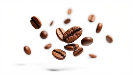 Coffee beans suspended in the air against a white background. Coffee beans soaring.