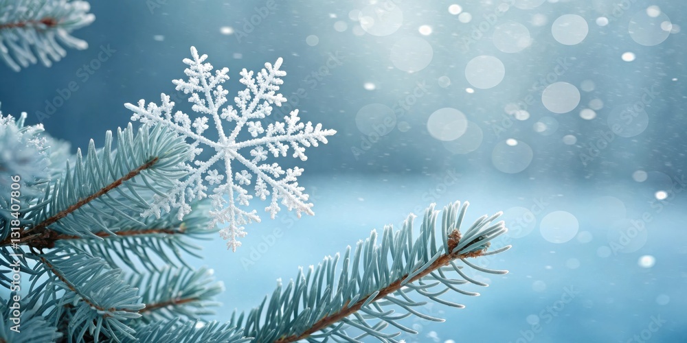 Poster a delicate snowflake resting on a pine branch, capturing the essence of a frosty winter day