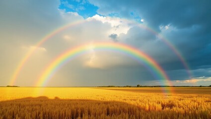 Peaceful farming scenery featuring a magical rainbow at sunset. Natural phenomenon. Colorful summer photo wallpaper. Depiction of an extraordinary occurrence. Wonder of Earth.