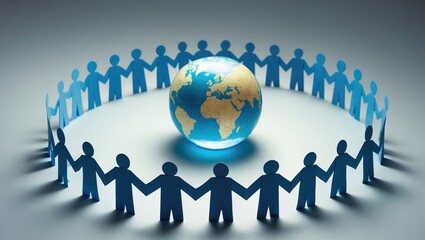 A large group of paper men forming a circle around the globe represents a business concept.