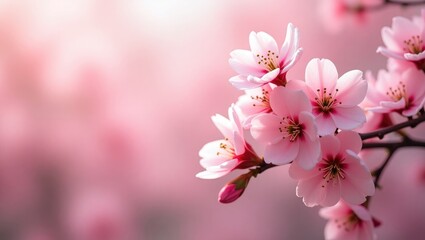 Fototapeta premium Cherry blossom featuring lovely flower buds and young blooming flowers. Soft bokeh backdrop. Shallow depth of field for a dreamy atmosphere.