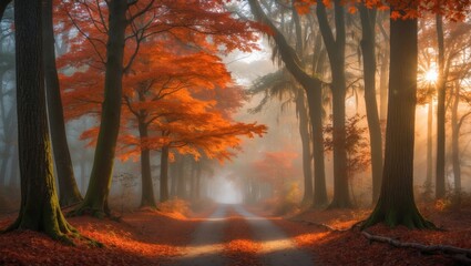 Fototapeta premium Autumn forest pathway. Orange-colored trees, red-brown maple leaves in a fall park. Nature scene shrouded in fog. Wood in picturesque scenery. Bright sun on a sunny morning, illuminated sunlight view.