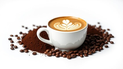 Fototapeta premium Coffee Mug and Ground Coffee Beans Photography Isolated on White Background