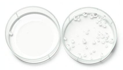Petri dish. Petri cups containing liquid. Kit. Chemical substances, oil, cosmetics. Gel, water, molecules, viruses. Close-up. On a white backdrop.