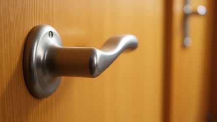 Obraz premium Stainless steel door handle or knob featuring a keyhole on a wooden door, wave-style lever handle front door knob with lock, modern interior design idea, shallow depth of field.