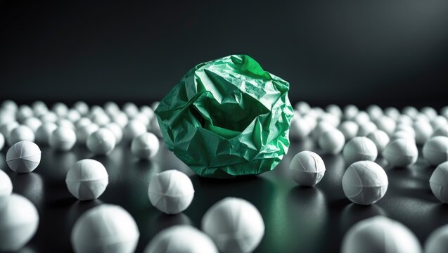 Crumpled green paper ball surrounded by white balls on a black background. Unique idea among unsuccessful ideas metaphor.