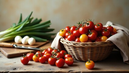 Cherry tomatoes are placed in a basket on a rough wooden table. Vegetables for preparing a salad.