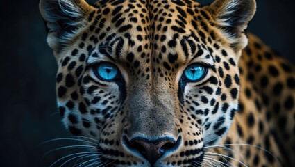 Obraz premium Confident gaze of blue-green eyes from a powerful leopard in the dark, full-face portrait of a powerful beast.