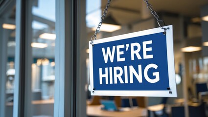 Close-up of a blue and white sign displayed in a window that says We're hiring.