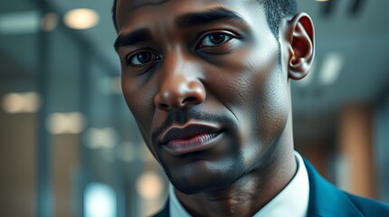 A contemplative and focused professional, lost in deep thought in a modern office setting.