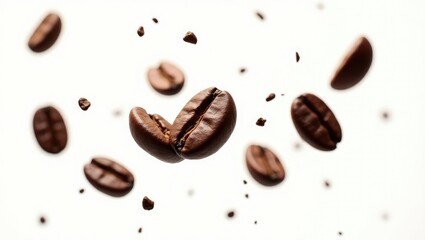 Obraz premium Coffee beans suspended in the air against a white backdrop. Coffee beans airborne.