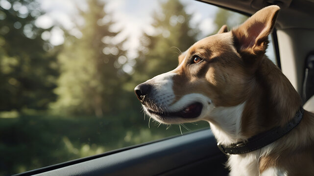 Happy Dog Enjoying Car Ride with Head Out Window