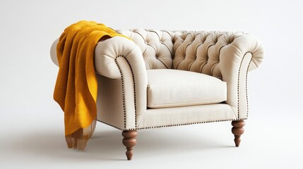 Elegant beige armchair with tufted cream-backrest, crafted from plush upholstery for cozy...