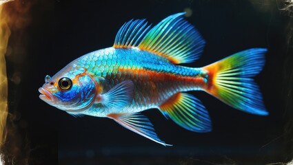 Fototapeta premium Macro closeup of multi-color fighting fish set against a black background, with the fish gracefully swimming and moving on a dark backdrop.