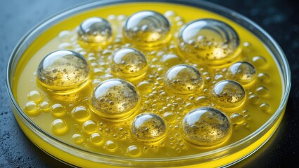 Macro shot of a petri dish filled with gel containing bubbles of various sizes in close-up view on a background.