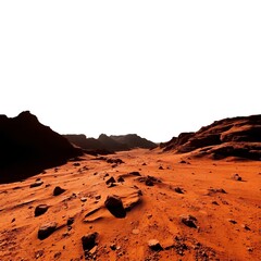 A rugged, Mars-like landscape with deep shadows and a dramatic, isolated atmosphere.