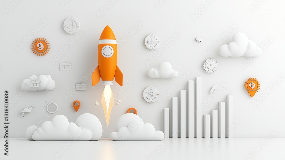 Poster sleek and vibrant 3d rendered of an orange rocket launch symbolizing the growth progress and technol