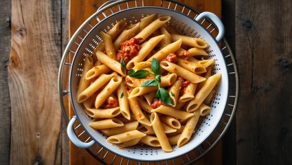 Penne pasta in a colander on a wooden table, viewed from above. Room for text.