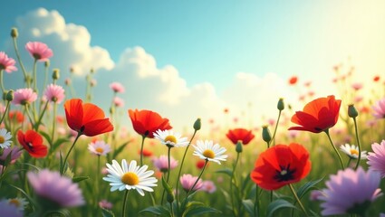 Colorful flowers field on a spring day