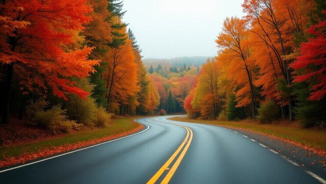Curvy asphalt parkway road winding through the forest during fall rhapsody, vibrant autumn foliage, landscape.