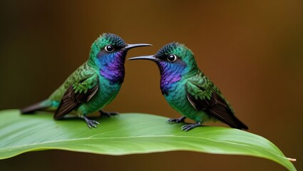 Obraz premium Bird pair affection. Violet throat small bird from mountain cloud forest. Wildlife in tropical nature.
