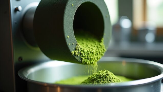 Closeup of how to use a Matcha Tea Mill Stone or Matcha green tea grinding stone machine in operation in a factory or tea shop.